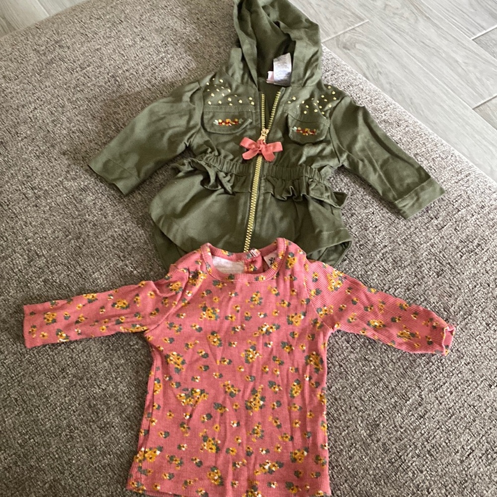 Two piece floral pink longsleeve T-shirt with matching army green zip up jacket